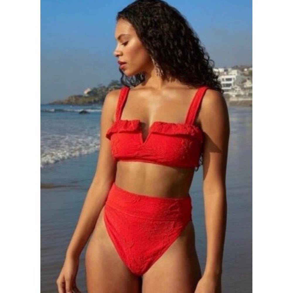 NWT WET Swimwear Poppy Red Textured Jacquard Bikini Bottoms High Rise Cheeky